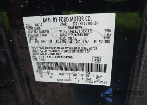 2012 Ford F-150 Fx2 z USA, uszkodzony, nr VIN 1FTFX1CFXCFB64286